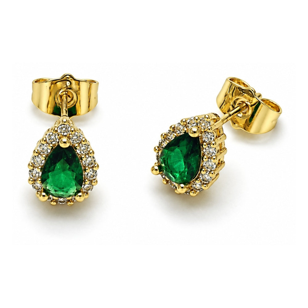 Oro Laminado Stud Earring, Gold Filled Style Teardrop and Cluster Design, with Green and White Cubic Zirconia, Polished, Golden Finish