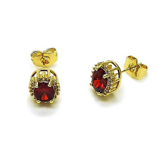 Oro Laminado Stud Earring, Gold Filled Style Cluster Design, with Garnet and White Cubic Zirconia, Polished, Golden Finish