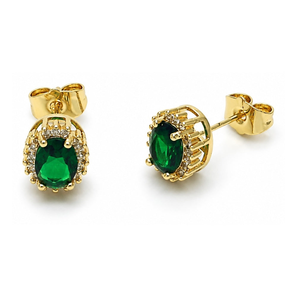 Oro Laminado Stud Earring, Gold Filled Style Cluster Design, with Green and White Cubic Zirconia, Polished, Golden Finish