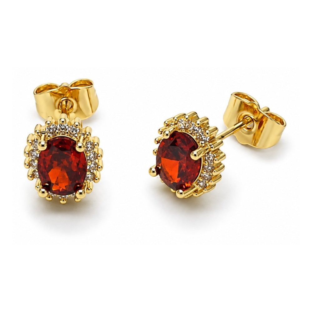 Oro Laminado Stud Earring, Gold Filled Style Cluster Design, with Garnet and White Cubic Zirconia, Polished, Golden Finish