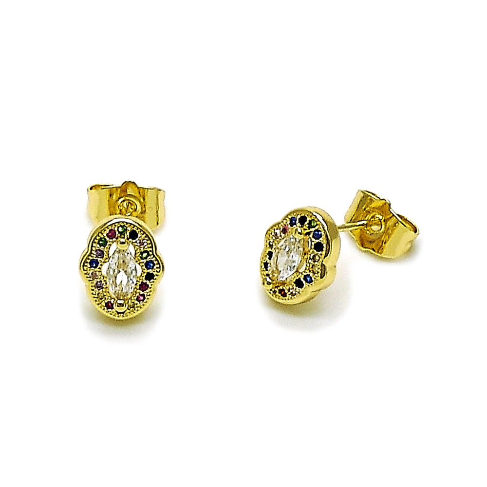 Oro Laminado Stud Earring, Gold Filled Style Cluster Design, with White Cubic Zirconia and Multicolor Micro Pave, Polished, Golden Finish