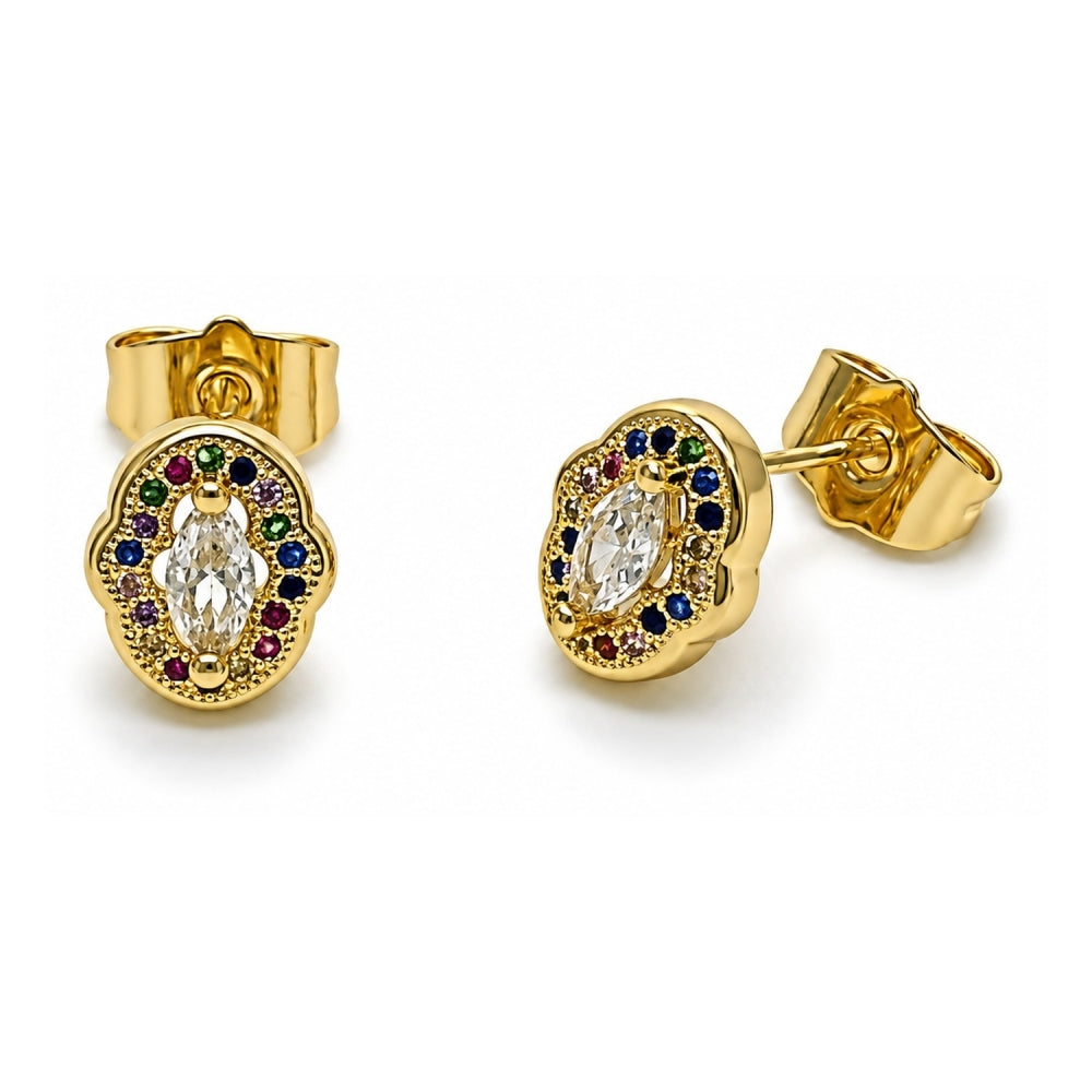Oro Laminado Stud Earring, Gold Filled Style Cluster Design, with White Cubic Zirconia and Multicolor Micro Pave, Polished, Golden Finish