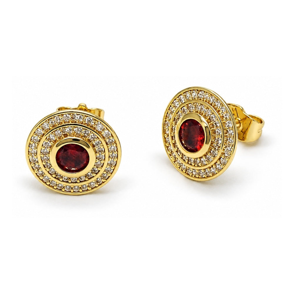 Oro Laminado Stud Earring, Gold Filled Style Cluster Design, with Garnet Cubic Zirconia and White Micro Pave, Polished, Golden Finish