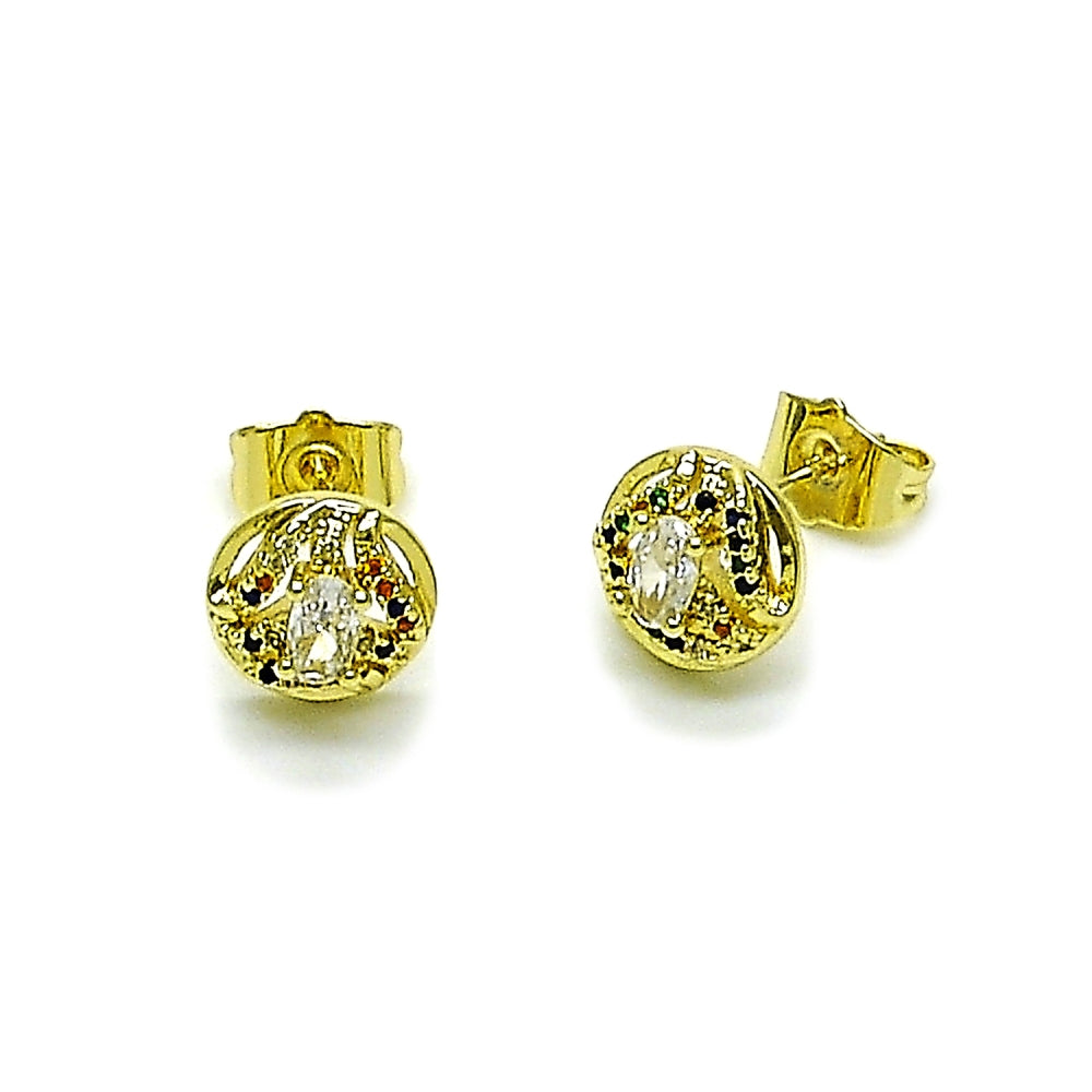 Oro Laminado Stud Earring, Gold Filled Style Cluster Design, with White Cubic Zirconia and Multicolor Micro Pave, Polished, Golden Finish