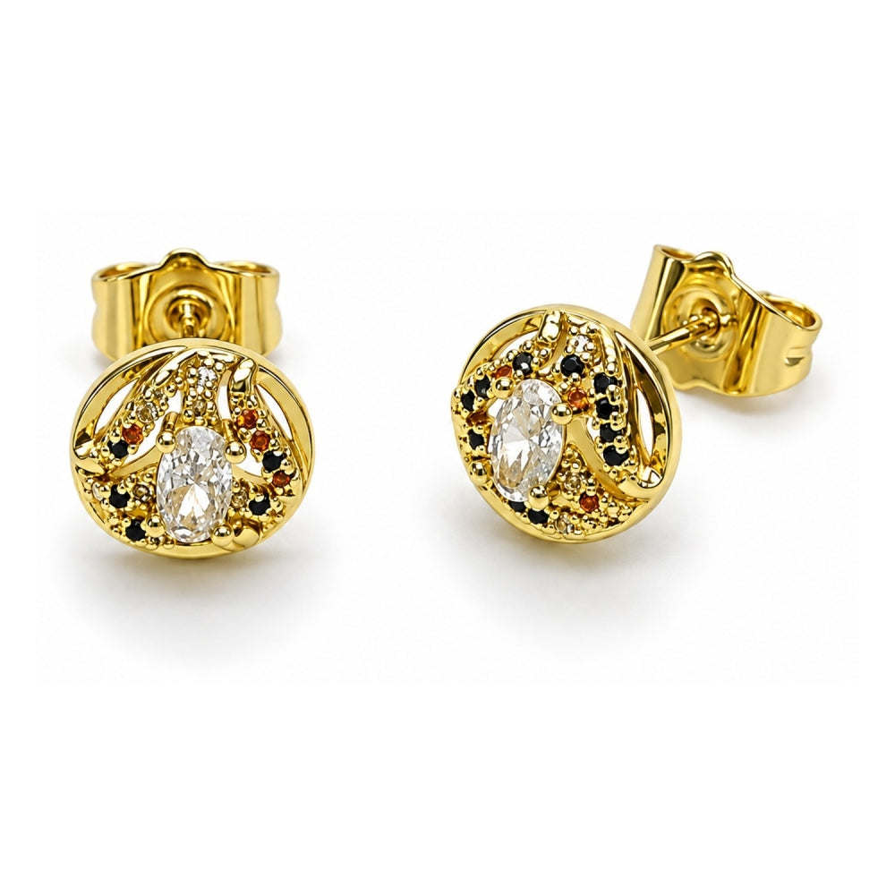 Oro Laminado Stud Earring, Gold Filled Style Cluster Design, with White Cubic Zirconia and Multicolor Micro Pave, Polished, Golden Finish