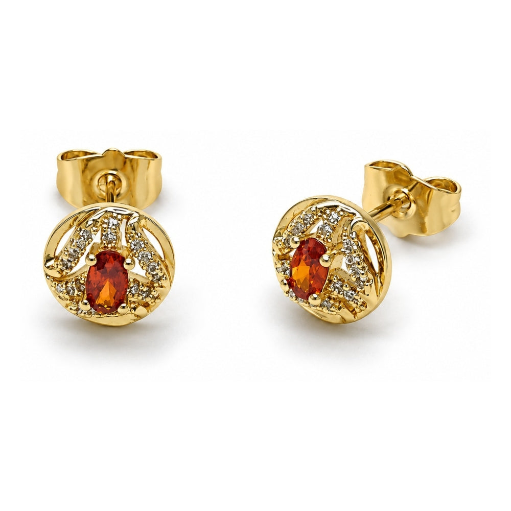 Oro Laminado Stud Earring, Gold Filled Style Cluster Design, with Garnet Cubic Zirconia and White Micro Pave, Polished, Golden Finish