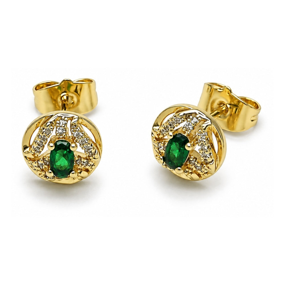 Oro Laminado Stud Earring, Gold Filled Style Cluster Design, with Green Cubic Zirconia and White Micro Pave, Polished, Golden Finish