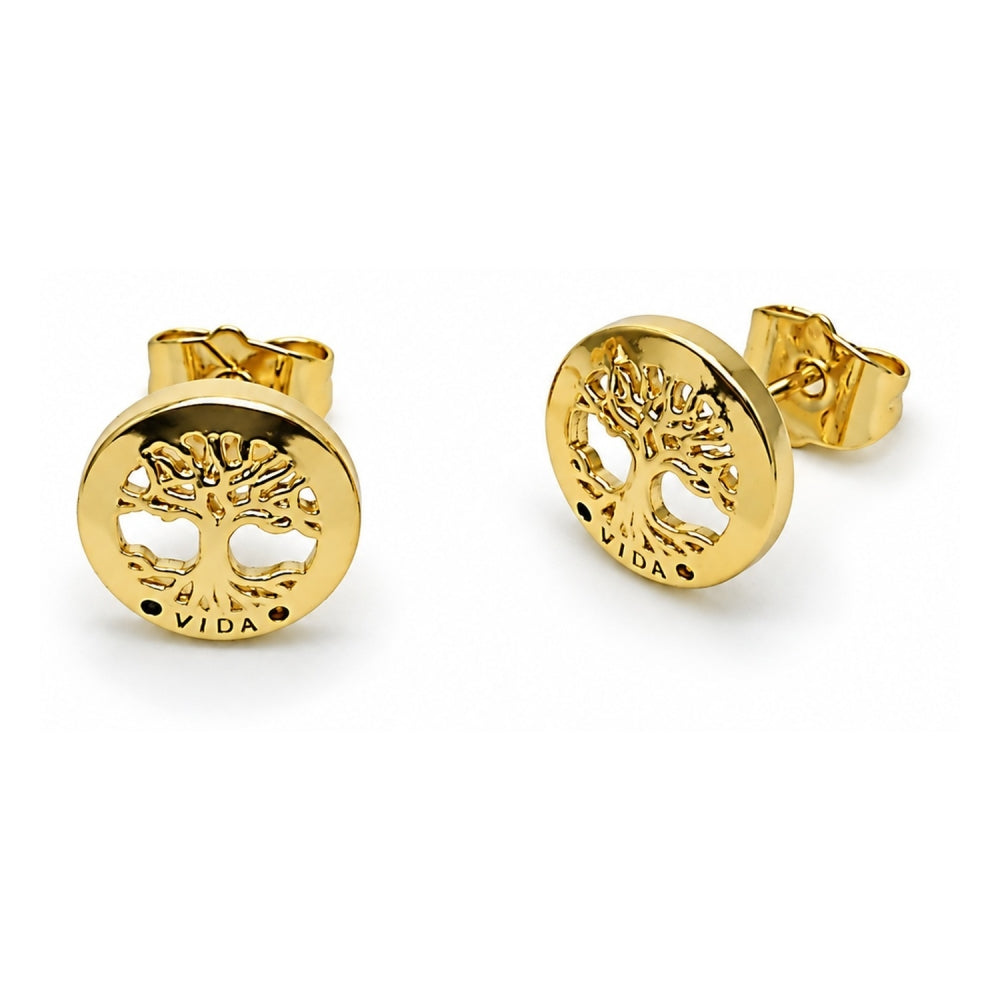 Oro Laminado Stud Earring, Gold Filled Style Tree Design, with Multicolor Micro Pave, Polished, Golden Finish