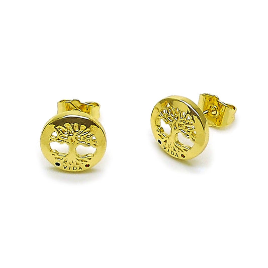 Oro Laminado Stud Earring, Gold Filled Style Tree Design, with Multicolor Micro Pave, Polished, Golden Finish