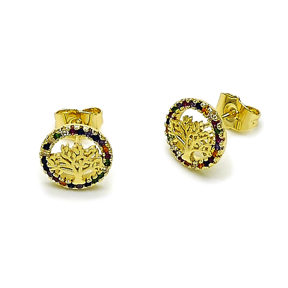 Oro Laminado Stud Earring, Gold Filled Style Tree Design, with Multicolor Micro Pave, Polished, Golden Finish