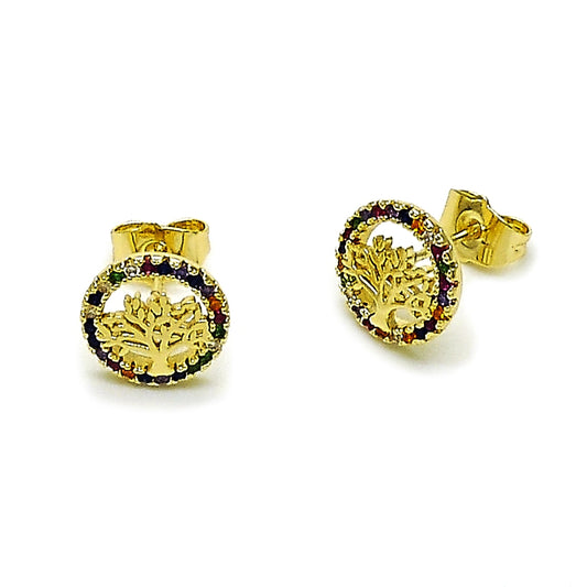 Oro Laminado Stud Earring, Gold Filled Style Tree Design, with Multicolor Micro Pave, Polished, Golden Finish