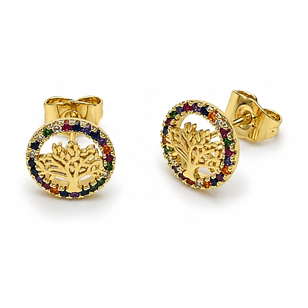 Oro Laminado Stud Earring, Gold Filled Style Tree Design, with Multicolor Micro Pave, Polished, Golden Finish