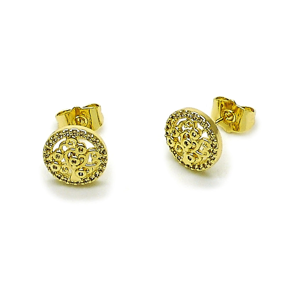 Oro Laminado Stud Earring, Gold Filled Style Tree Design, with White Cubic Zirconia and White Micro Pave, Polished, Golden Finish