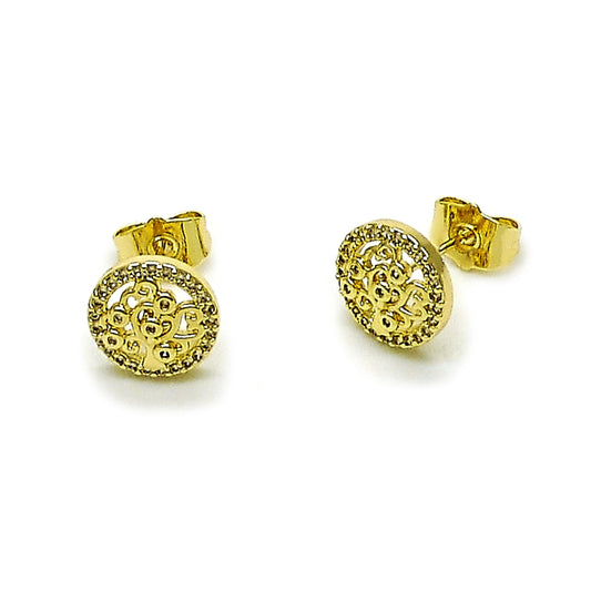 Oro Laminado Stud Earring, Gold Filled Style Tree Design, with White Cubic Zirconia and White Micro Pave, Polished, Golden Finish