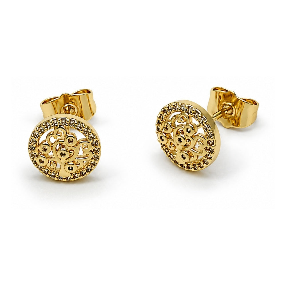 Oro Laminado Stud Earring, Gold Filled Style Tree Design, with White Cubic Zirconia and White Micro Pave, Polished, Golden Finish