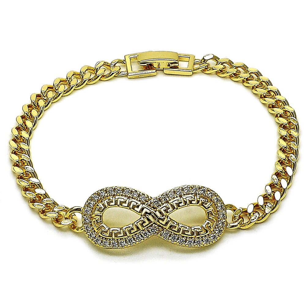 Oro Laminado Fancy Bracelet, Gold Filled Style Infinite and Greek Key Design, with White Cubic Zirconia, Polished, Golden Finish