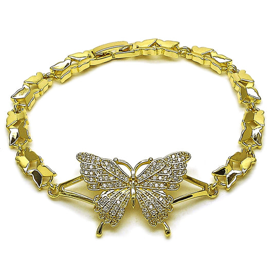 Oro Laminado Fancy Bracelet, Gold Filled Style Butterfly Design, with White Cubic Zirconia, Polished, Golden Finish