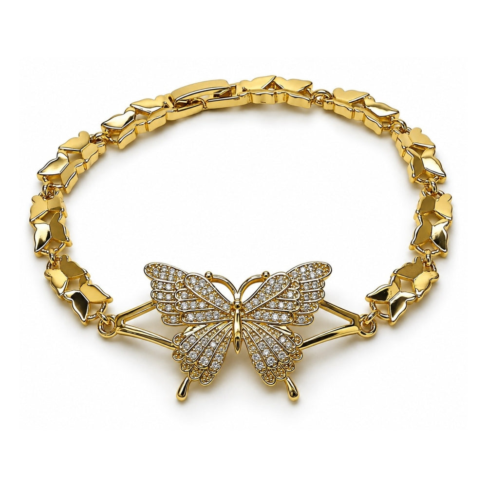 Oro Laminado Fancy Bracelet, Gold Filled Style Butterfly Design, with White Cubic Zirconia, Polished, Golden Finish