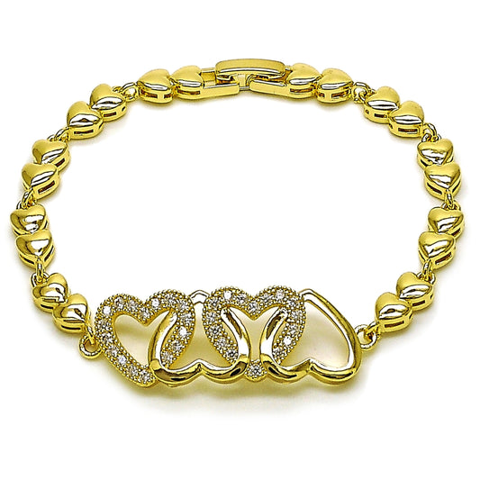 Oro Laminado Fancy Bracelet, Gold Filled Style Heart Design, with White Cubic Zirconia, Polished, Golden Finish
