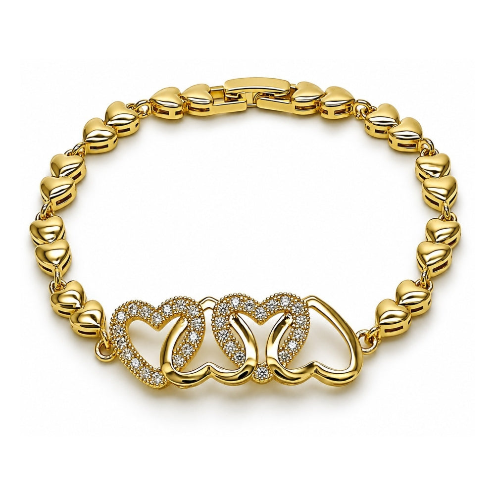 Oro Laminado Fancy Bracelet, Gold Filled Style Heart Design, with White Cubic Zirconia, Polished, Golden Finish