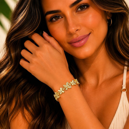Oro Laminado Fancy Bracelet, Gold Filled Style Butterfly Design, with White Cubic Zirconia, Polished, Golden Finish