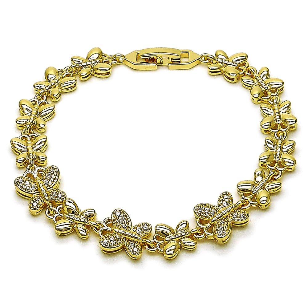 Oro Laminado Fancy Bracelet, Gold Filled Style Butterfly Design, with White Cubic Zirconia, Polished, Golden Finish