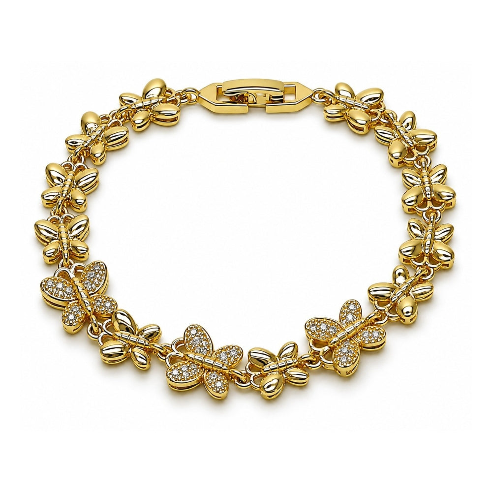 Oro Laminado Fancy Bracelet, Gold Filled Style Butterfly Design, with White Cubic Zirconia, Polished, Golden Finish