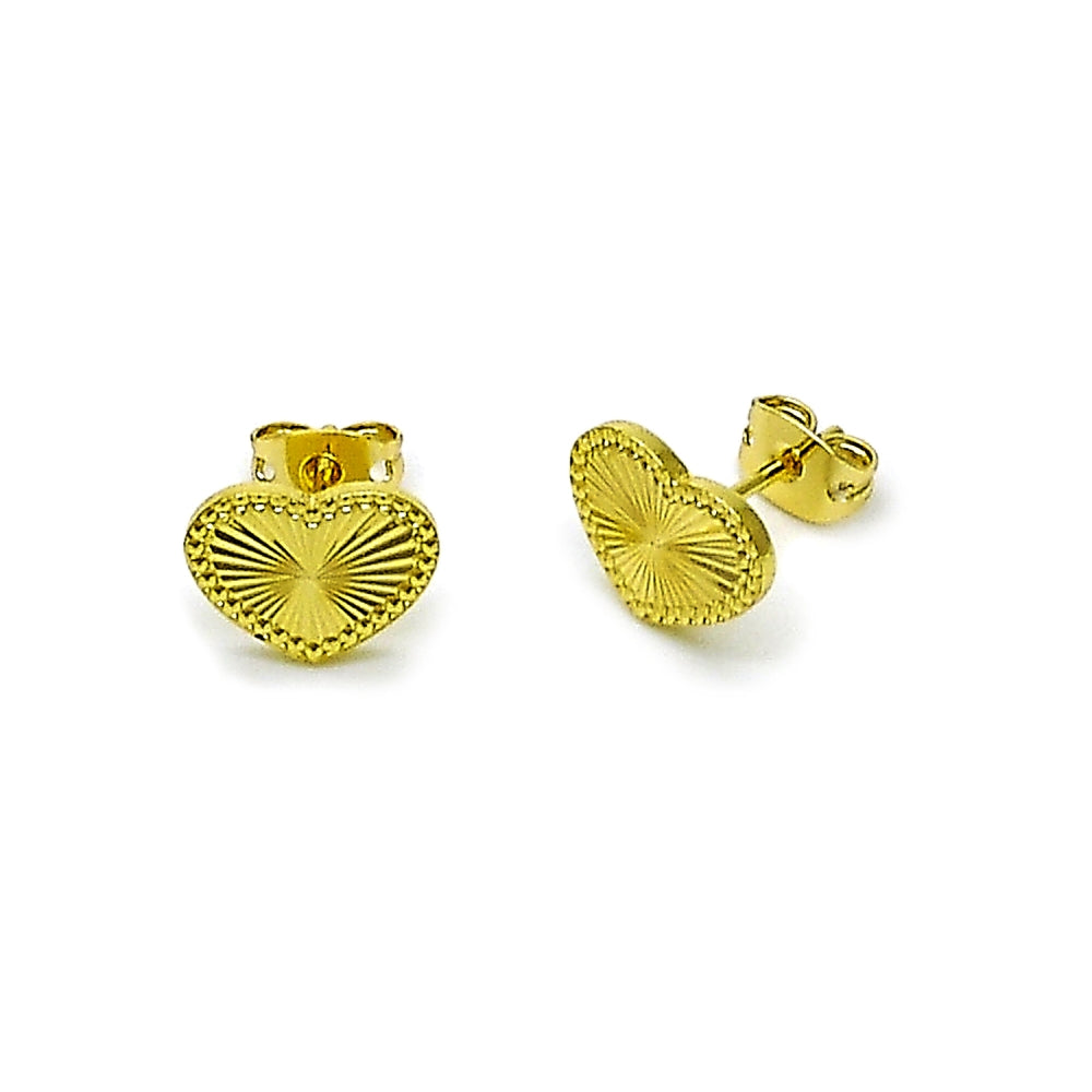 Oro Laminado Stud Earring, Gold Filled Style Heart Design, Diamond Cutting Finish, Golden Finish