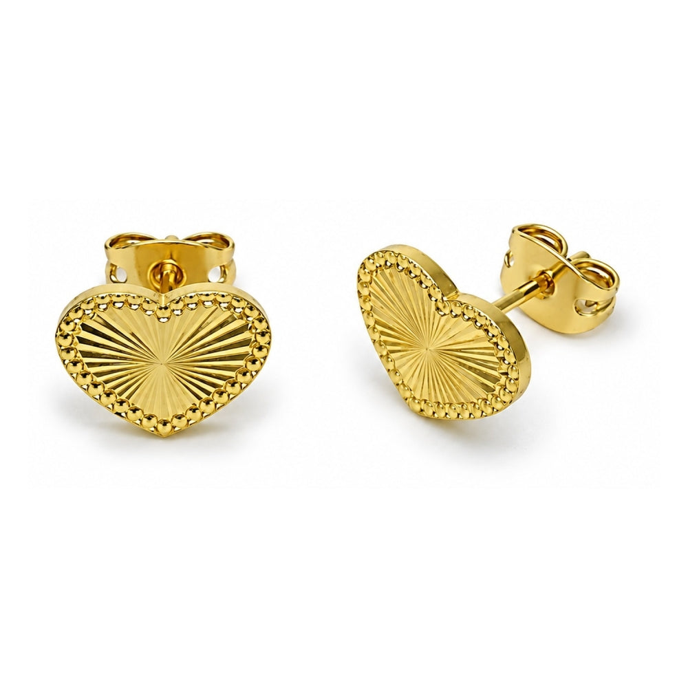 Oro Laminado Stud Earring, Gold Filled Style Heart Design, Diamond Cutting Finish, Golden Finish