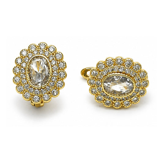 Oro Laminado Leverback Earring, Gold Filled Style Cluster Design, with White Cubic Zirconia, Polished, Golden Finish