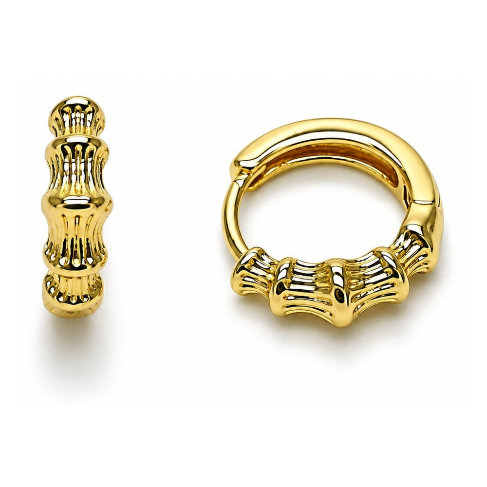Oro Laminado Huggie Hoop, Gold Filled Style Bamboo Design, Polished, Golden Finish