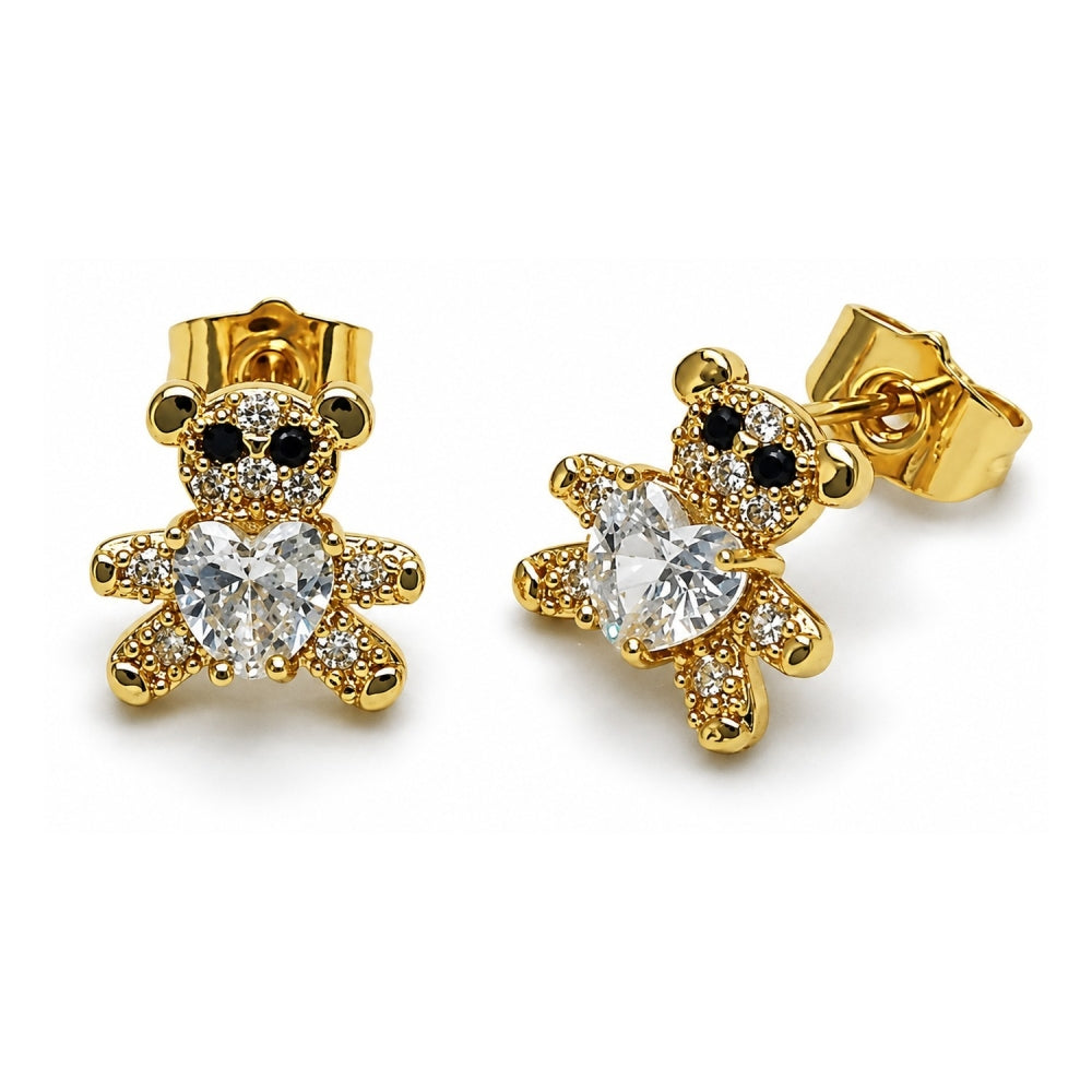 Oro Laminado Stud Earring, Gold Filled Style Teddy Bear and Heart Design, with White and Black Cubic Zirconia, Polished, Golden Finish