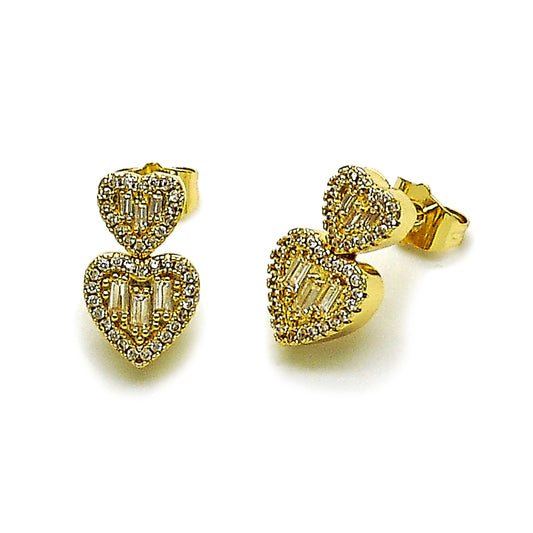 Oro Laminado Stud Earring, Gold Filled Style Heart and Baguette Design, with White Cubic Zirconia, Polished, Golden Finish