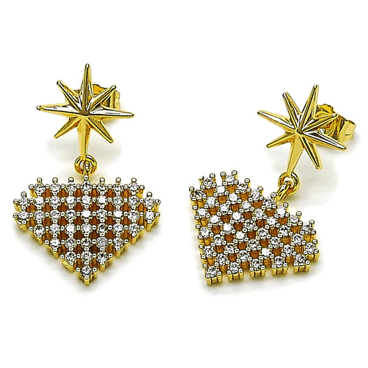 Oro Laminado Dangle Earring, Gold Filled Style Heart and Star Design, with White Cubic Zirconia, Polished, Golden Finish