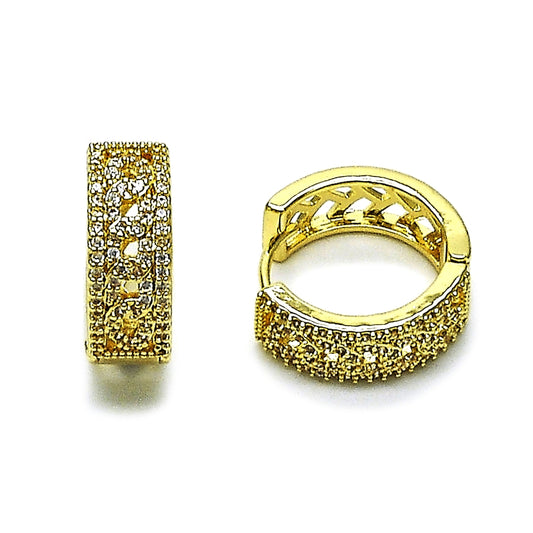 Oro Laminado Huggie Hoop, Gold Filled Style Miami Cuban Design, with White Cubic Zirconia, Polished, Golden Finish