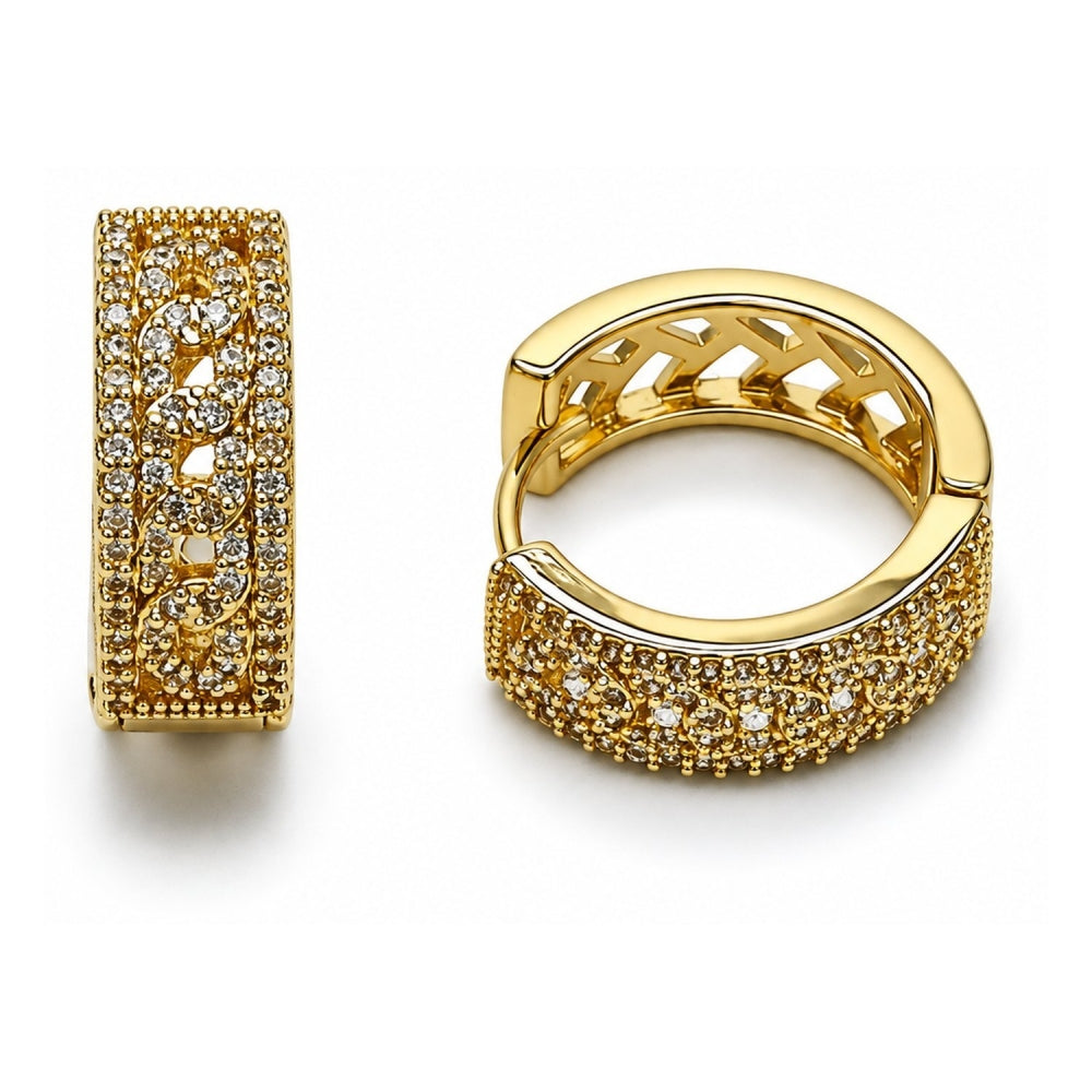 Oro Laminado Huggie Hoop, Gold Filled Style Miami Cuban Design, with White Cubic Zirconia, Polished, Golden Finish