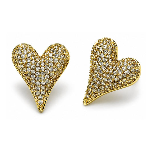 Oro Laminado Stud Earring, Gold Filled Style Heart Design, with White Cubic Zirconia, Polished, Golden Finish