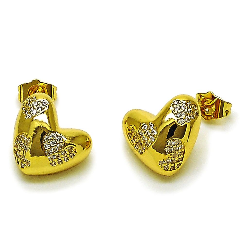 Oro Laminado Stud Earring, Gold Filled Style Heart Design, with White Cubic Zirconia, Polished, Golden Finish