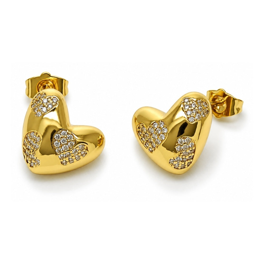 Oro Laminado Stud Earring, Gold Filled Style Heart Design, with White Cubic Zirconia, Polished, Golden Finish