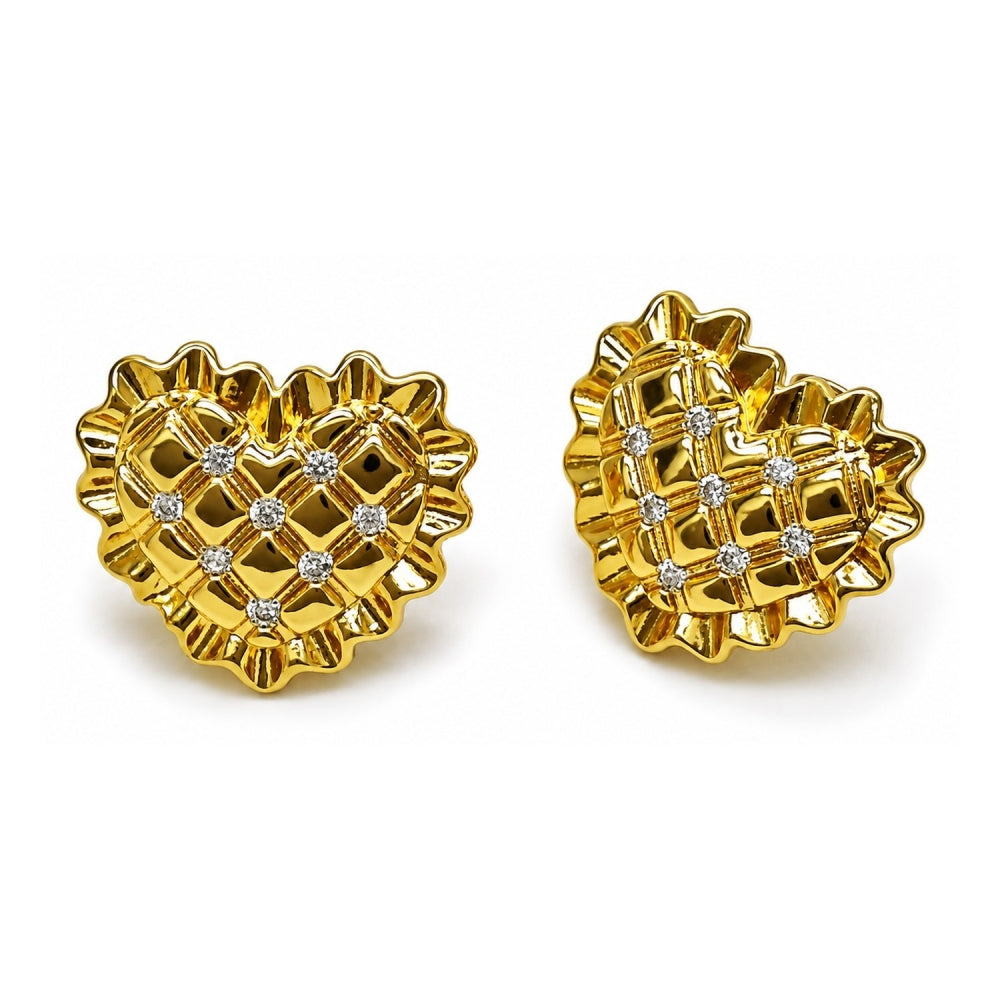 Oro Laminado Stud Earring, Gold Filled Style Heart Design, with White Cubic Zirconia, Diamond Cutting Finish, Golden Finish