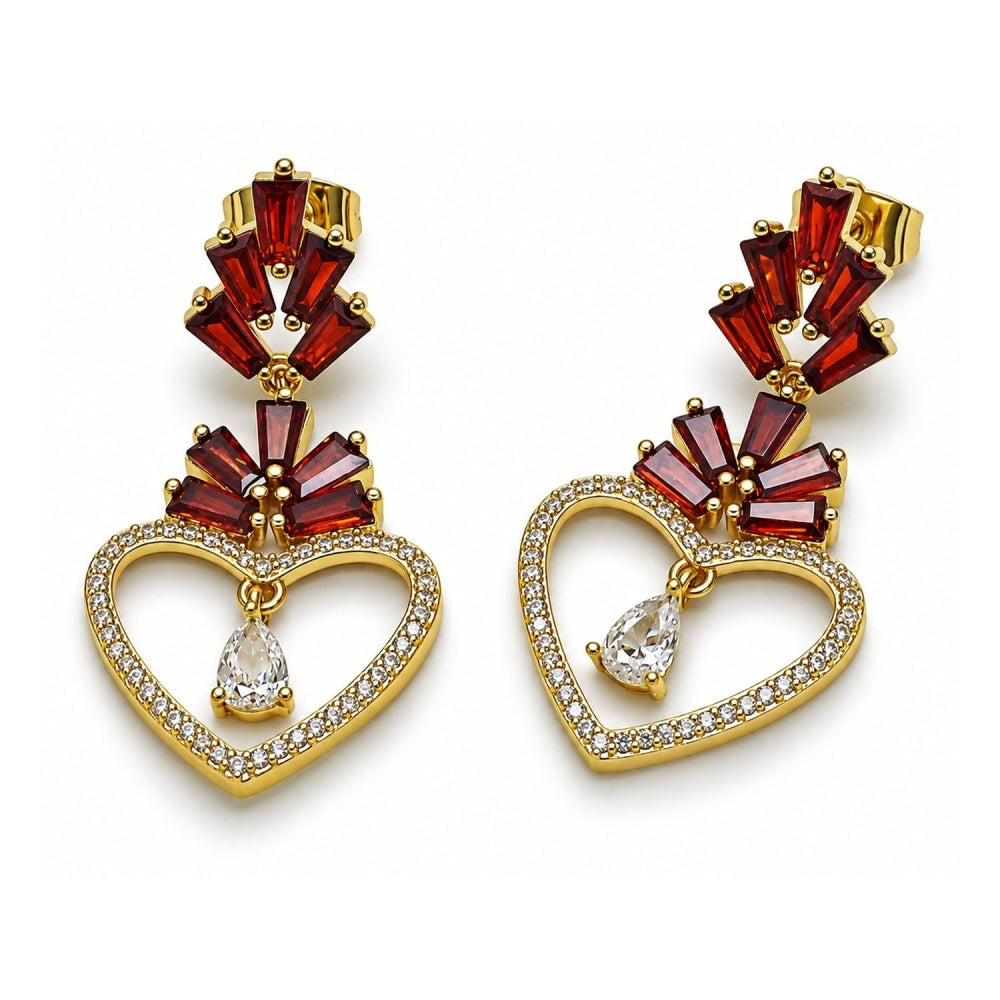 Oro Laminado Long Earring, Gold Filled Style Heart and Baguette Design, with Garnet Cubic Zirconia and White Micro Pave, Polished, Golden Finish