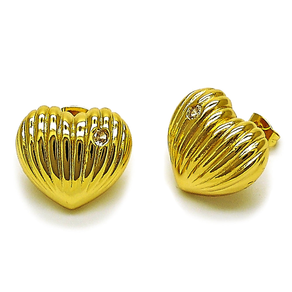 Oro Laminado Stud Earring, Gold Filled Style Heart Design, with White Cubic Zirconia, Polished, Golden Finish