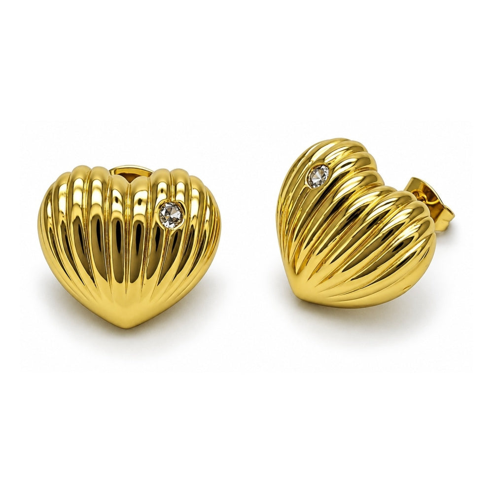 Oro Laminado Stud Earring, Gold Filled Style Heart Design, with White Cubic Zirconia, Polished, Golden Finish