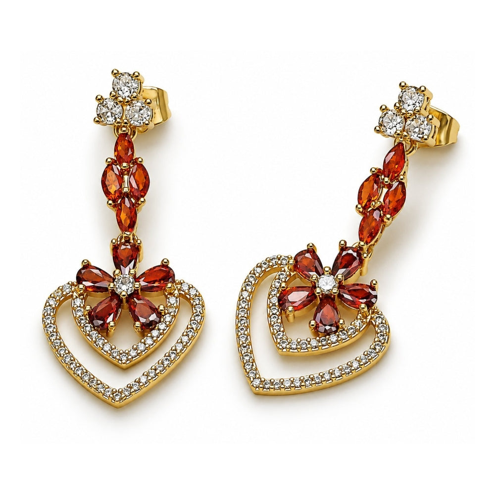 Oro Laminado Long Earring, Gold Filled Style Heart and Flower Design, with Garnet Cubic Zirconia and White Micro Pave, Polished, Golden Finish