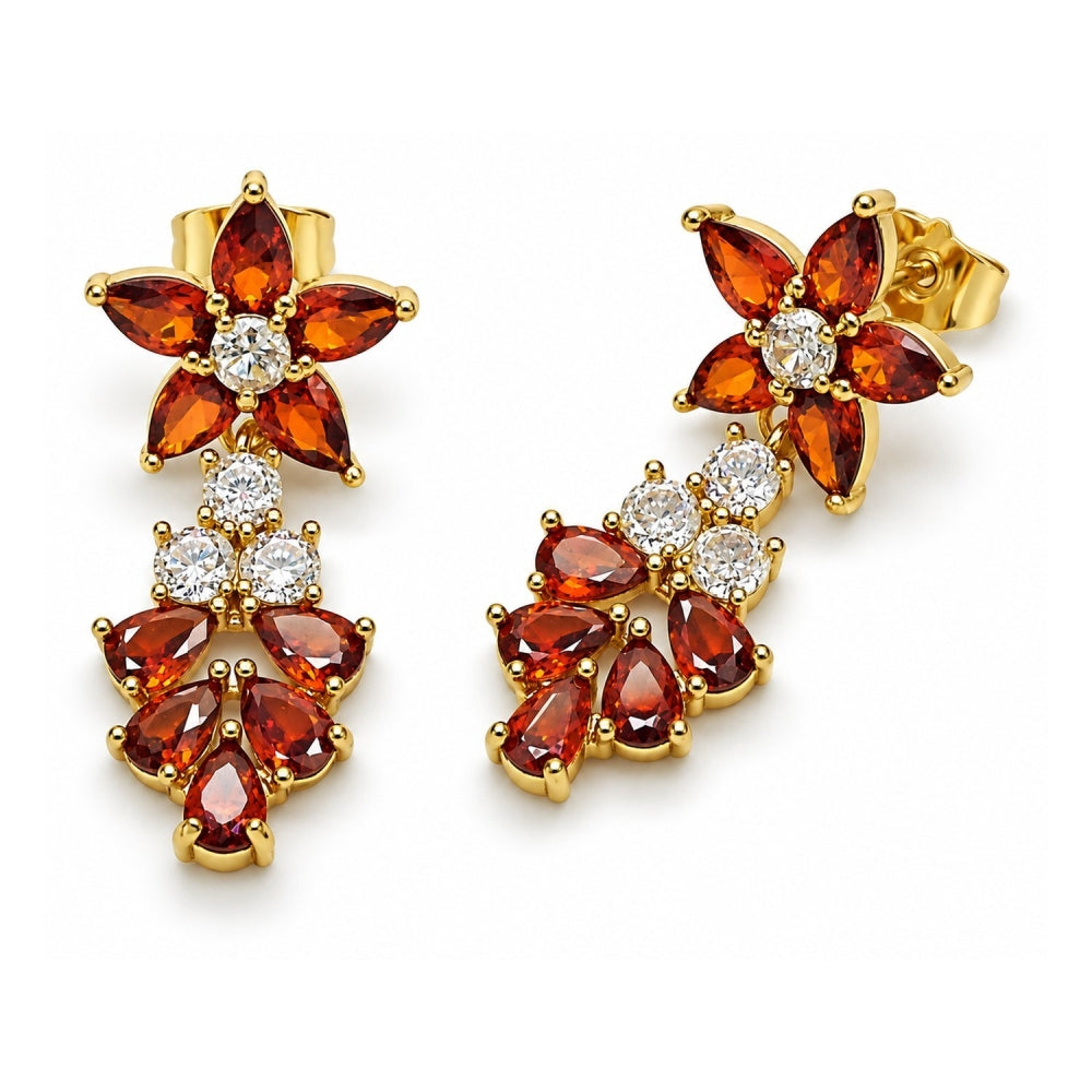 Oro Laminado Long Earring, Gold Filled Style Flower and Teardrop Design, with Garnet and White Cubic Zirconia, Polished, Golden Finish