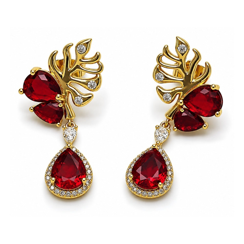 Oro Laminado Long Earring, Gold Filled Style Leaf and Teardrop Design, with Garnet Cubic Zirconia and White Micro Pave, Polished, Golden Finish