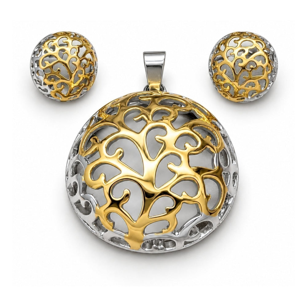 Stainless Steel Necklace and Earring, Tree Design, Polished, Two Tone