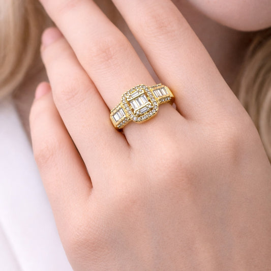 Oro Laminado Multi Stone Ring, Gold Filled Style Baguette and Cluster Design, with White Cubic Zirconia and White Micro Pave, Polished, Golden Finish