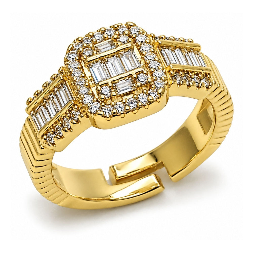 Oro Laminado Multi Stone Ring, Gold Filled Style Baguette and Cluster Design, with White Cubic Zirconia and White Micro Pave, Polished, Golden Finish