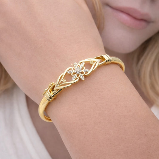 Oro Laminado Individual Bangle, Gold Filled Style Flower Design, with White Cubic Zirconia, Polished, Golden Finish
